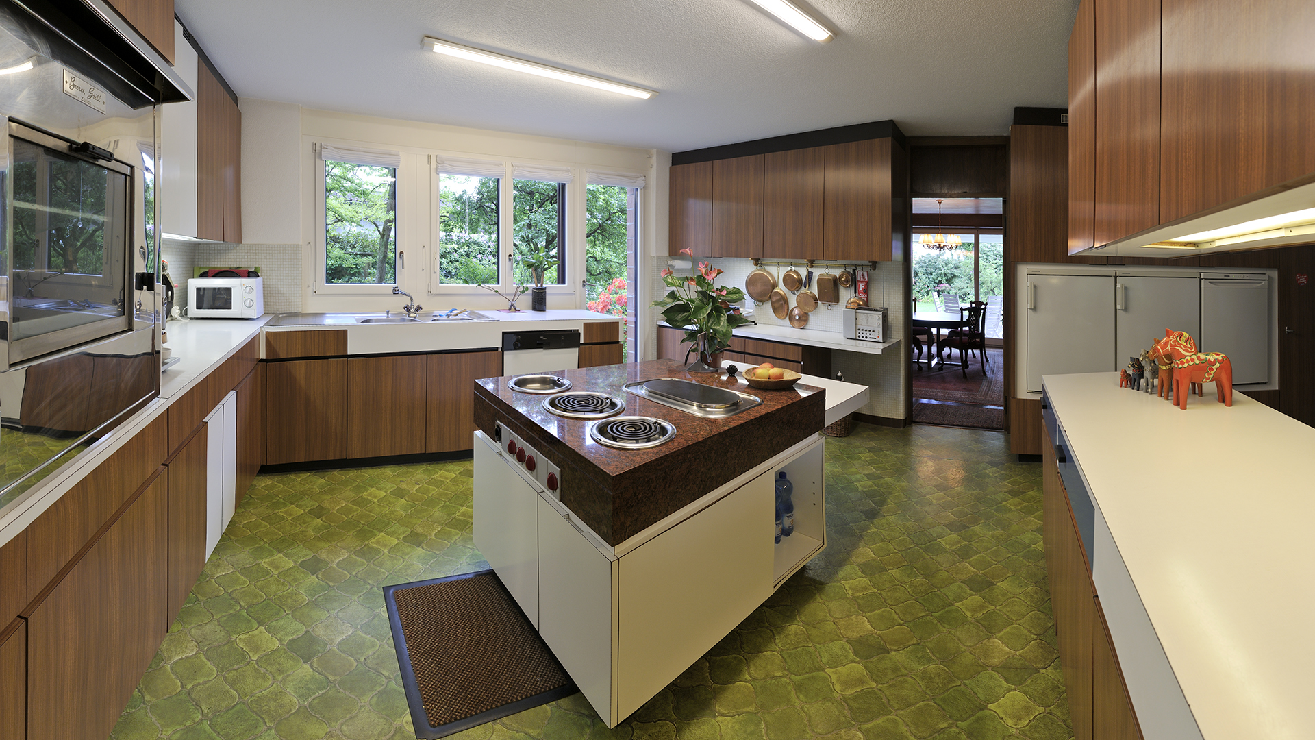 Kitchen with cooking island - great garden view and entrance